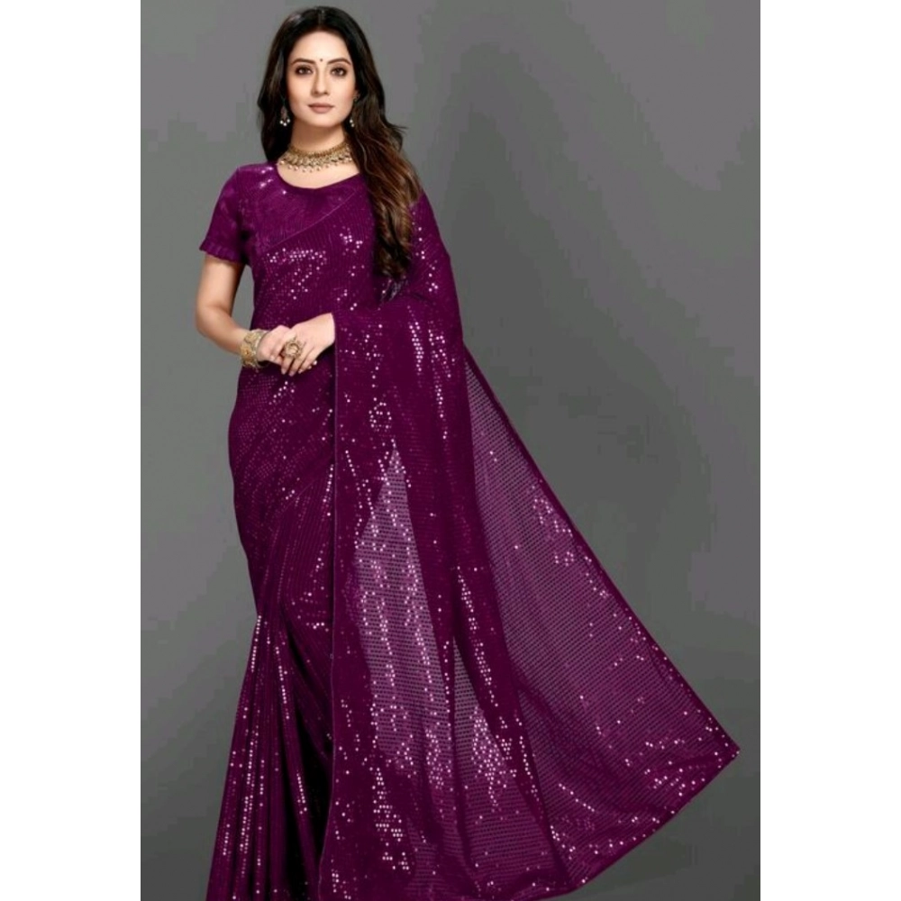 Women's Georgette Embellished Saree with Blouse – Purple