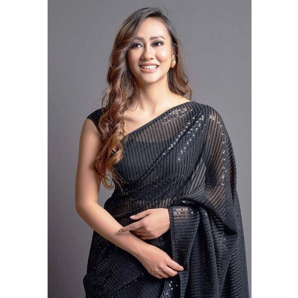 Women's Georgette Embellished Saree with Blouse – Black