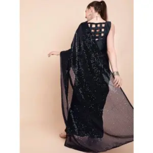 Women's Georgette Embellished Saree with Blouse – Black