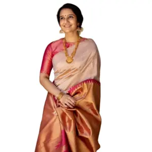 Women's Silk Printed Saree with Blouse – Cream
