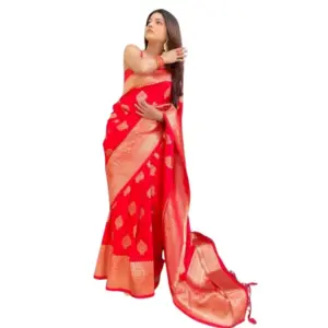 Women's Silk Printed Saree with Blouse – Red