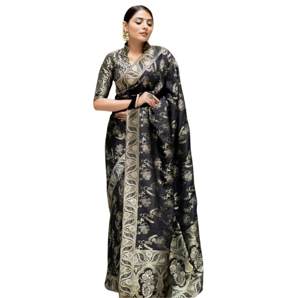 Women's Silk Printed Saree with Blouse – Black