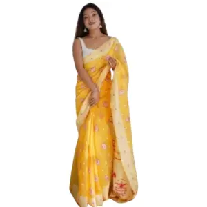 Women's Cotton Printed Saree with Blouse – Yellow
