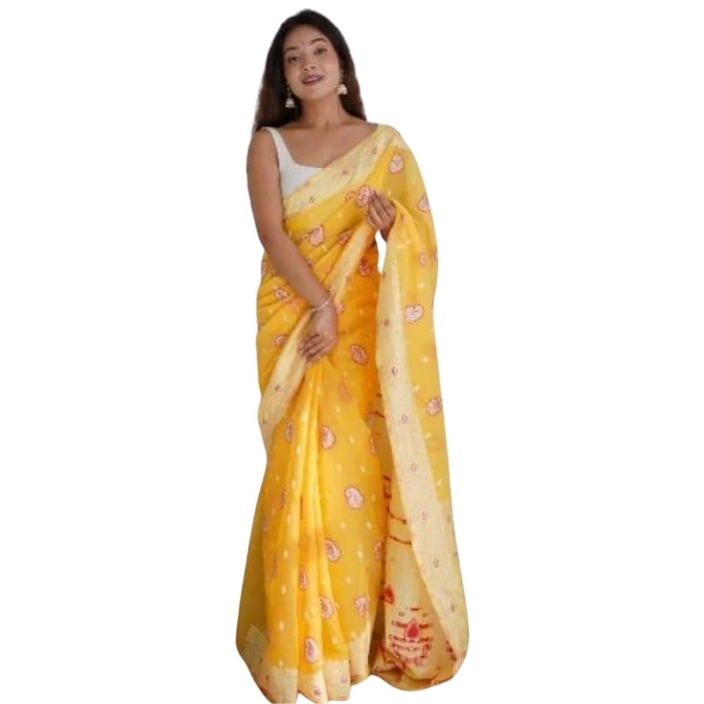 Women's Cotton Printed Saree with Blouse – Yellow