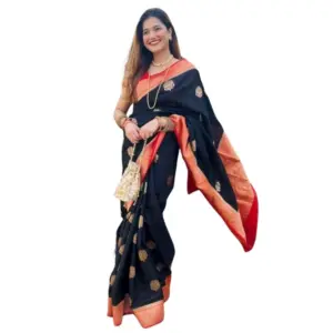 Women's Silk Printed Saree with Blouse – Black-Red
