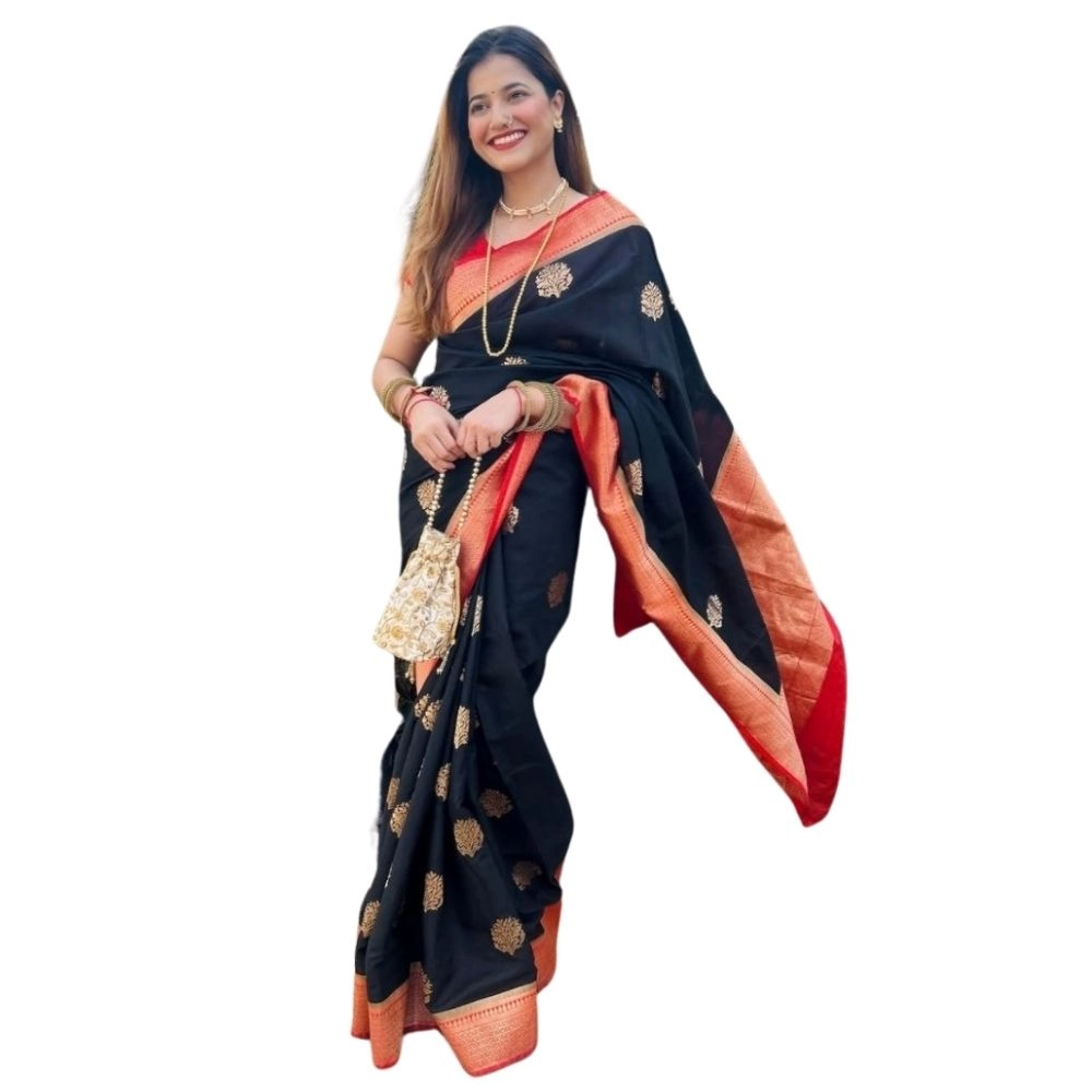 Women's Silk Printed Saree with Blouse – Black-Red