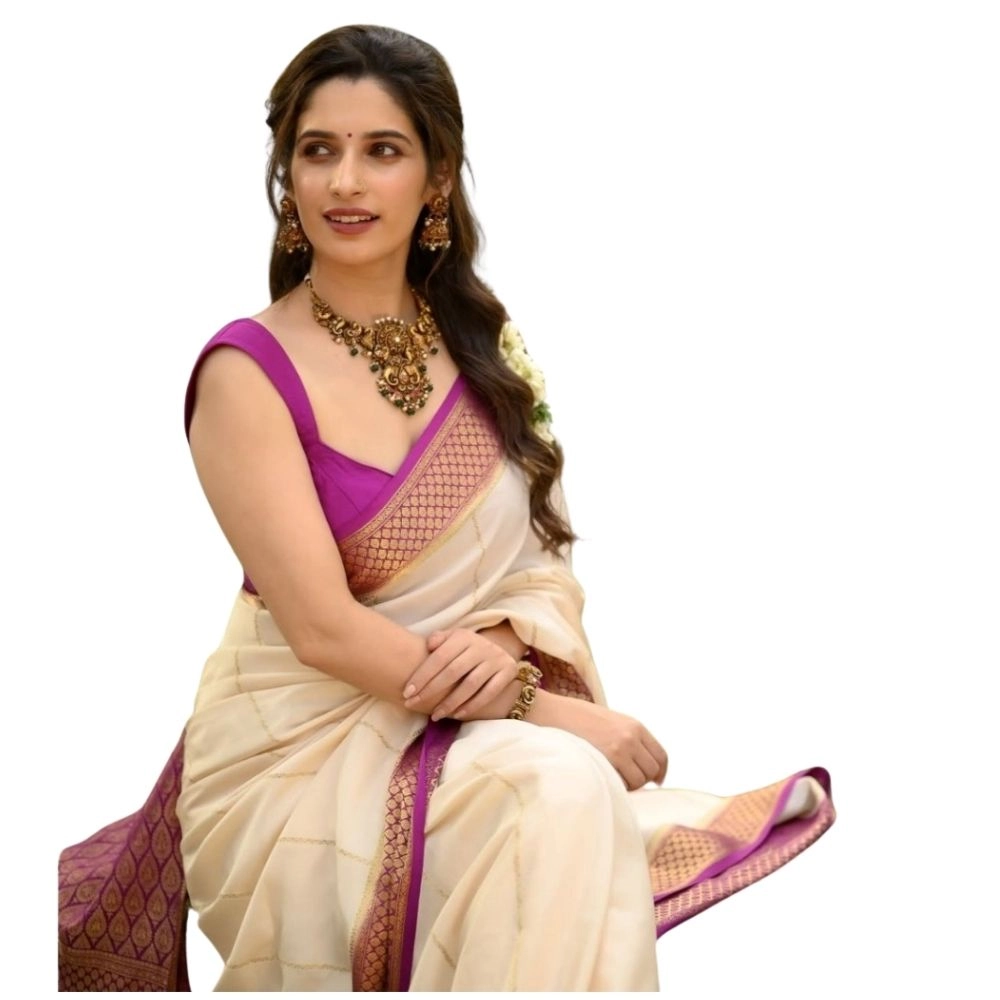 Women's Silk Printed Saree with Blouse – Off White-Pink
