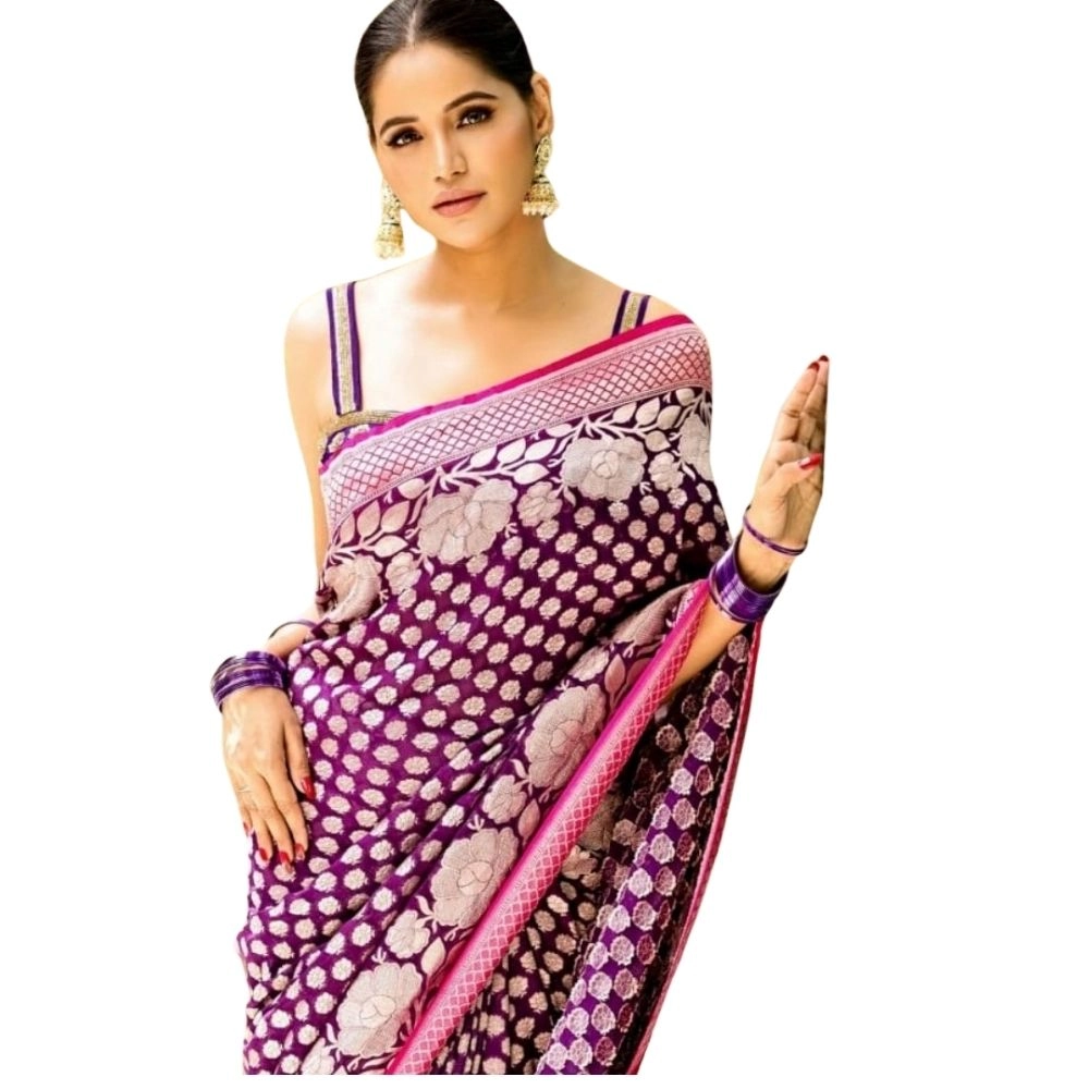 Women's Silk Printed Saree with Blouse – Purple