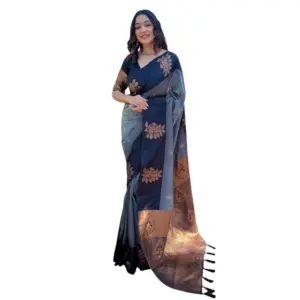 Women's Silk Printed Saree with Blouse – Grey