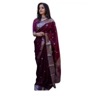 Women's Cotton Printed Saree with Blouse – Maroon