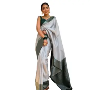 Women's Silk Printed Saree with Blouse – Grey