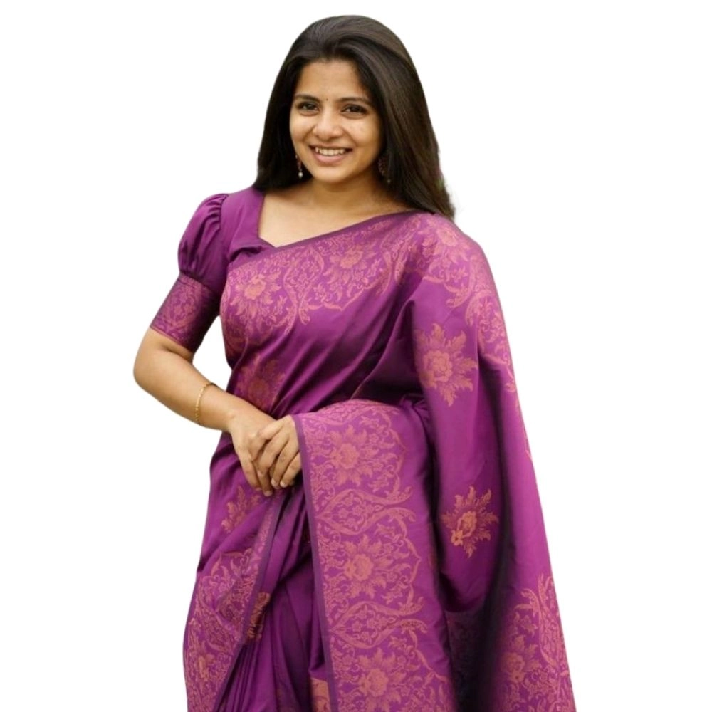 Women's Silk Printed Saree with Blouse – Purple