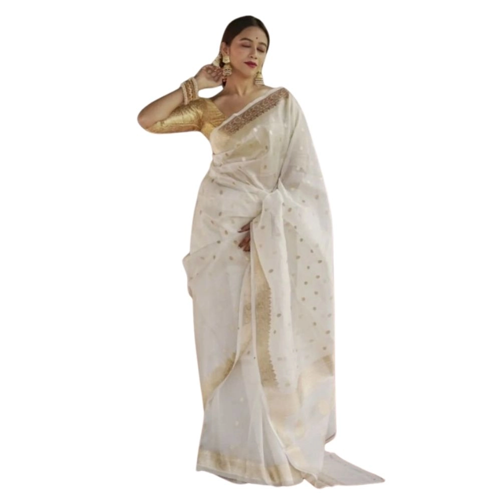 Women's Cotton Printed Saree with Blouse – White