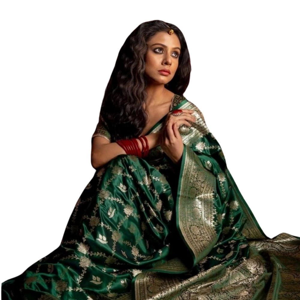 Women's Silk Printed Saree with Blouse – Dark Green