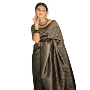 Women's Silk Printed Saree with Blouse – Black
