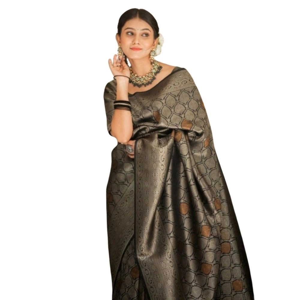 Women's Silk Printed Saree with Blouse – Black