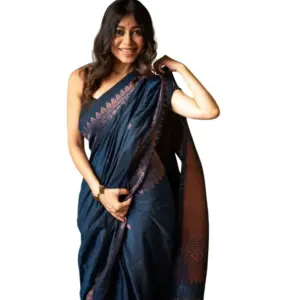Women's Silk Printed Saree with Blouse – Navy Blue