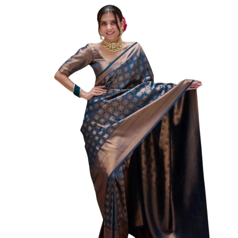 Women's Silk Printed Saree with Blouse – Blue
