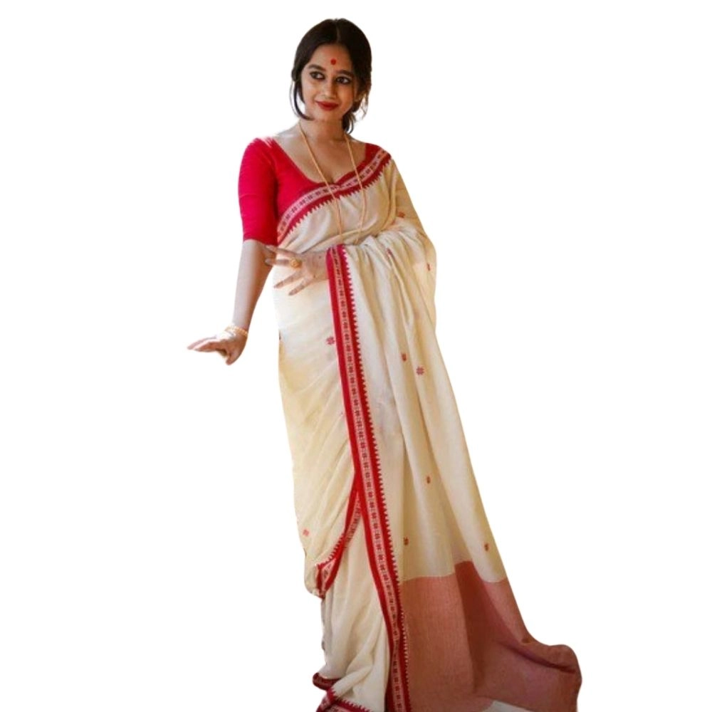 Women's Cotton Printed Saree with Blouse – White