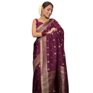 Women's Silk Printed Saree with Blouse – Wine