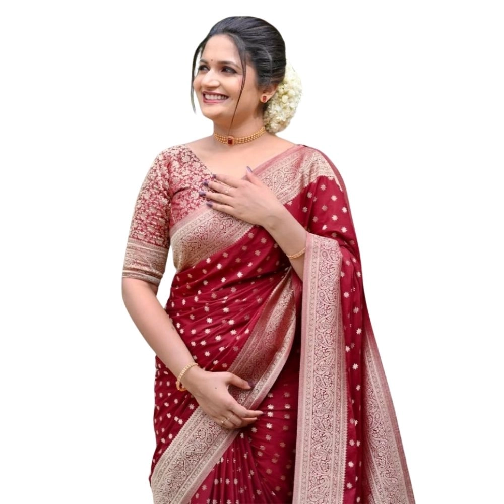 Women's Silk Printed Saree with Blouse – Maroon