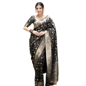 Women's Silk Printed Saree with Blouse – Black