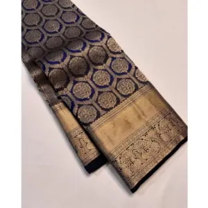 Women's Silk Printed Saree with Blouse – Navy Blue