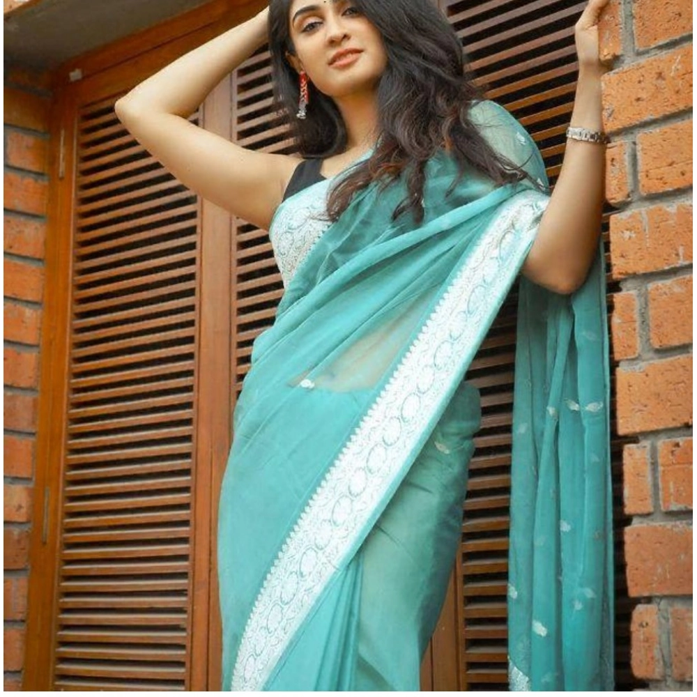 Women's Cotton Printed Saree with Blouse – Sky Blue