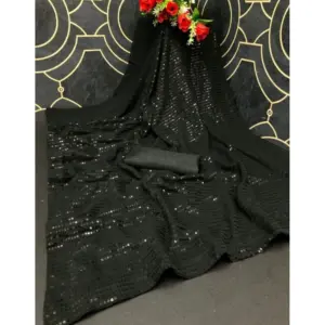 Women's Georgette Embellished Saree with Blouse – Black