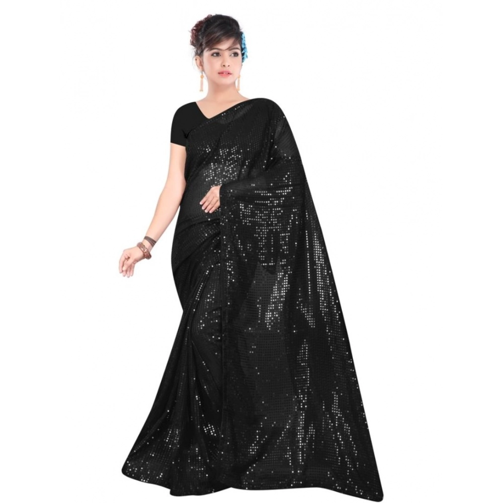 Women's Georgette Embellished Saree with Blouse – Black