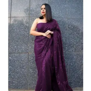 Women's Georgette Embellished Saree with Blouse – Purple