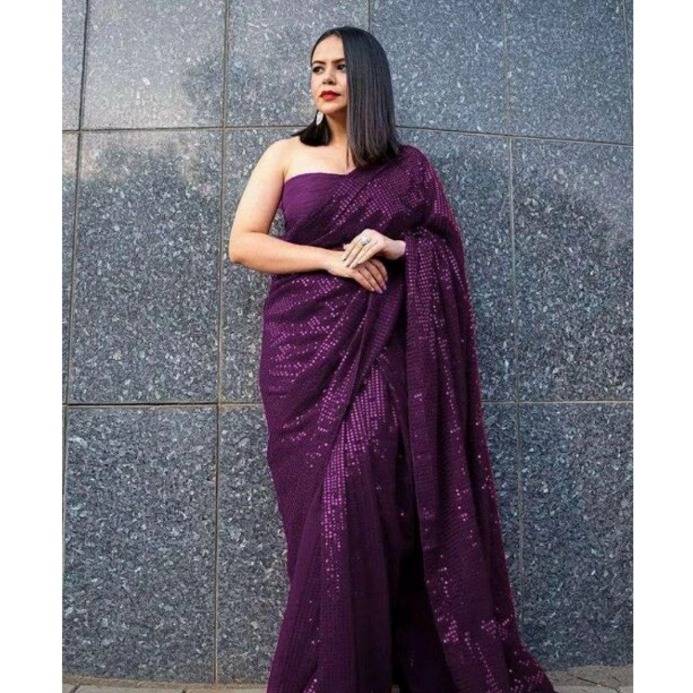 Women's Georgette Embellished Saree with Blouse – Purple