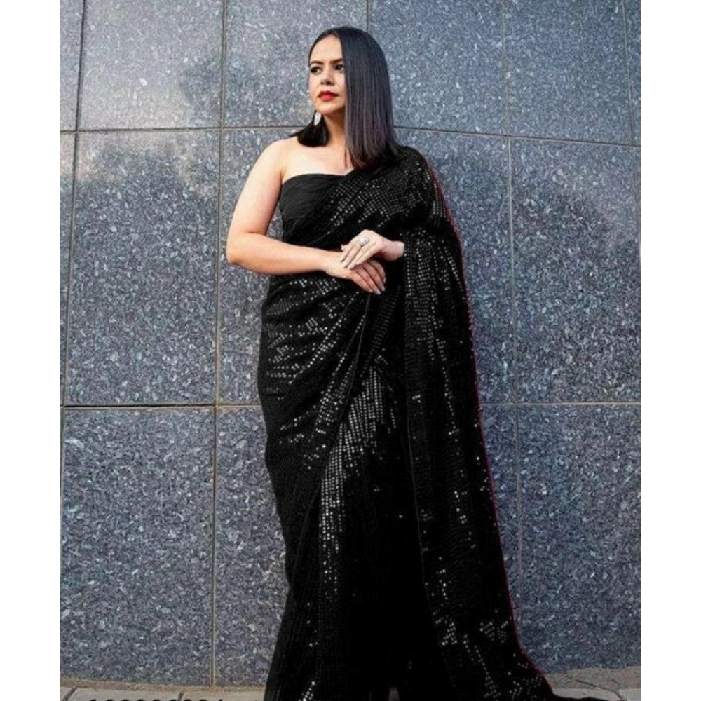 Women's Georgette Embellished Saree with Blouse – Black