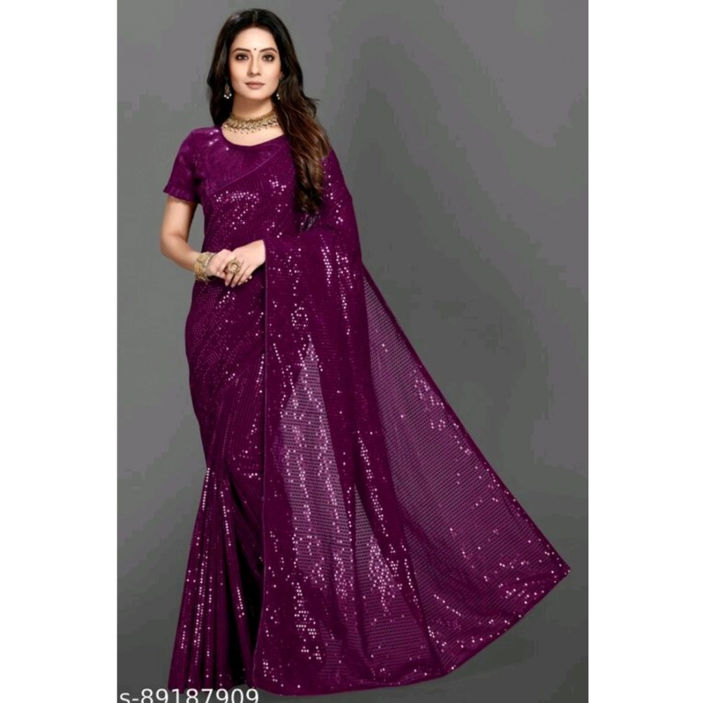 Women's Georgette Embellished Saree with Blouse – Purple
