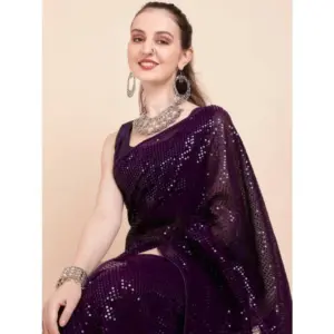 Women's Georgette Embellished Saree with Blouse – Purple