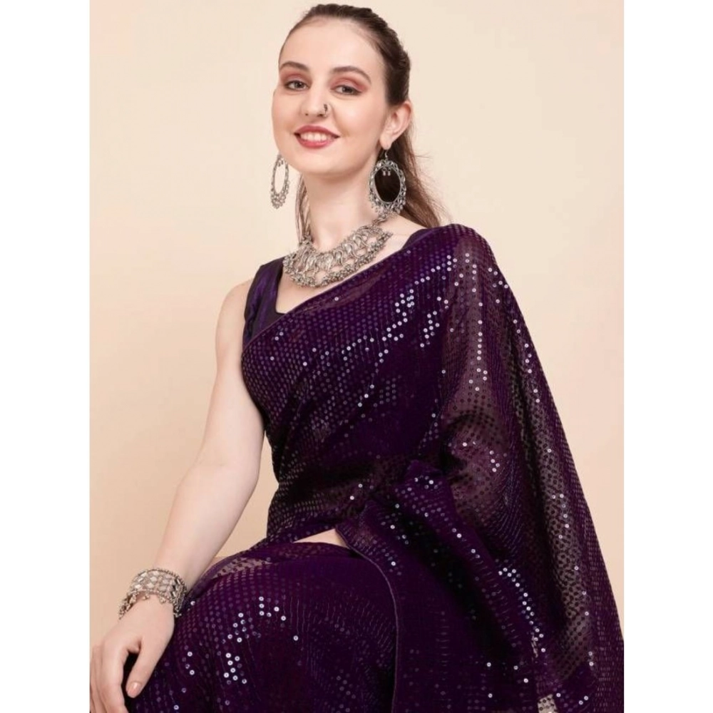 Women's Georgette Embellished Saree with Blouse – Purple