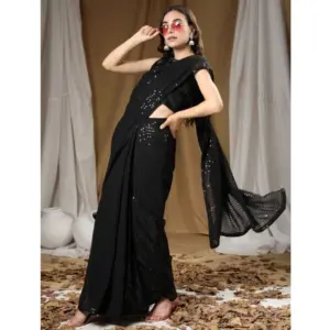 Women's Georgette Embellished Saree with Blouse – Black