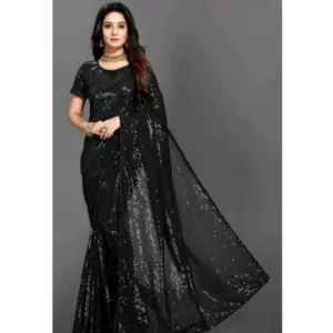 Women's Georgette Embellished Saree with Blouse – Black