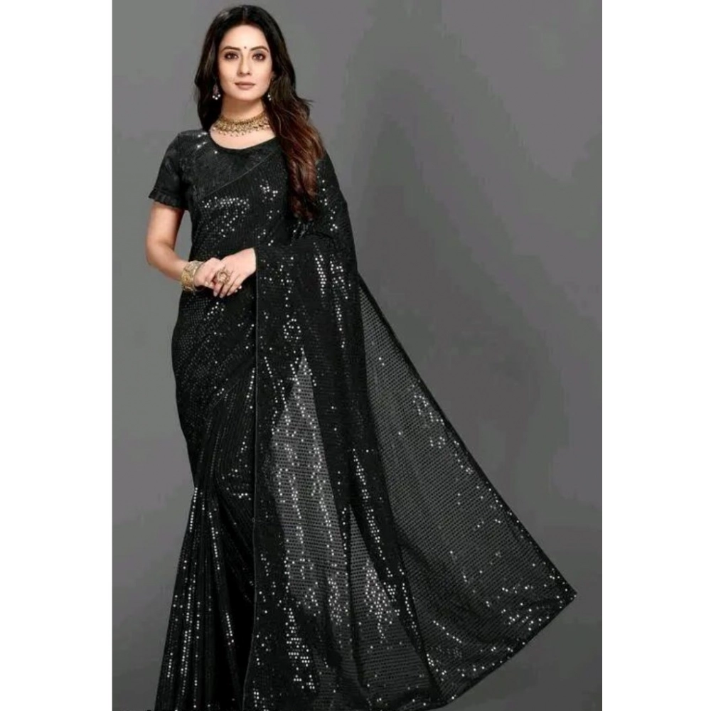 Women's Georgette Embellished Saree with Blouse – Black