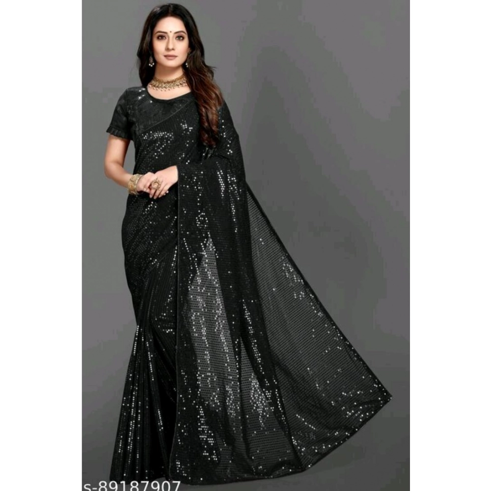 Women's Georgette Embellished Saree with Blouse – Black