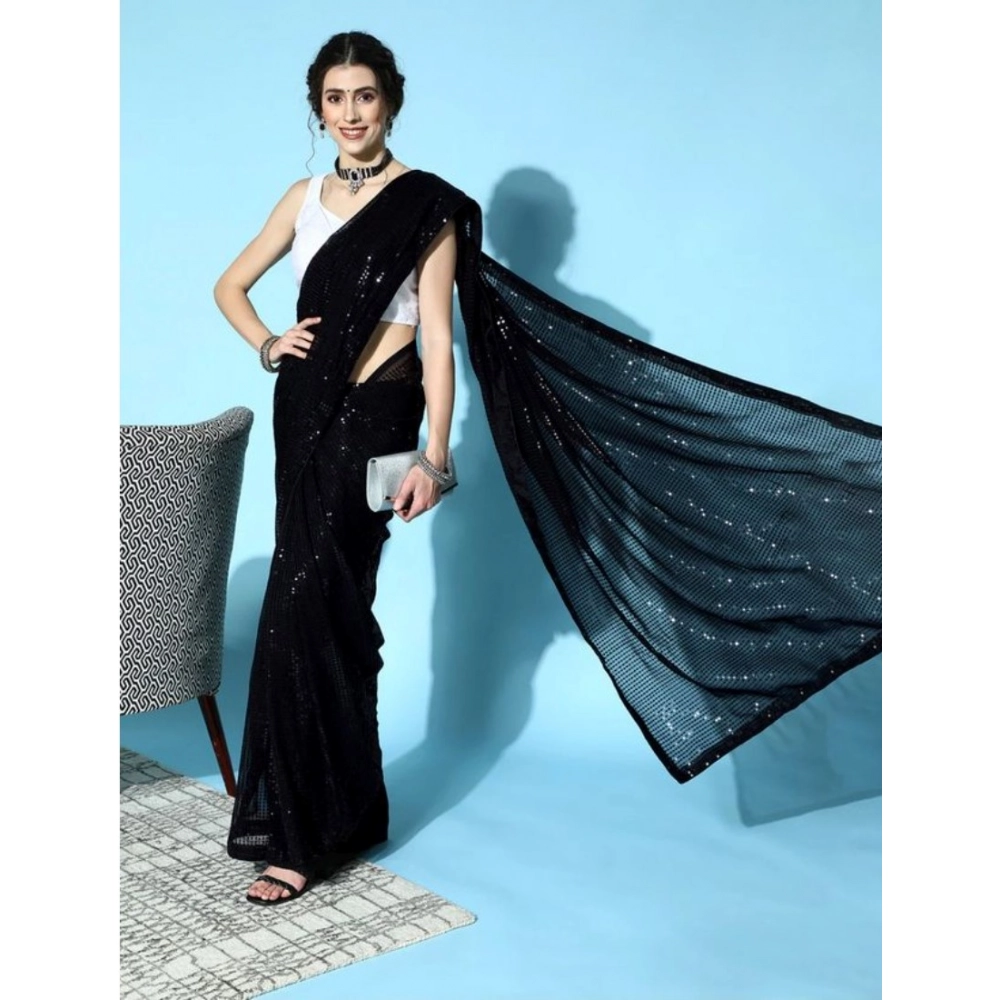 Women's Georgette Embellished Saree with Blouse – Black
