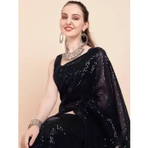 Women's Georgette Embellished Saree with Blouse – Black