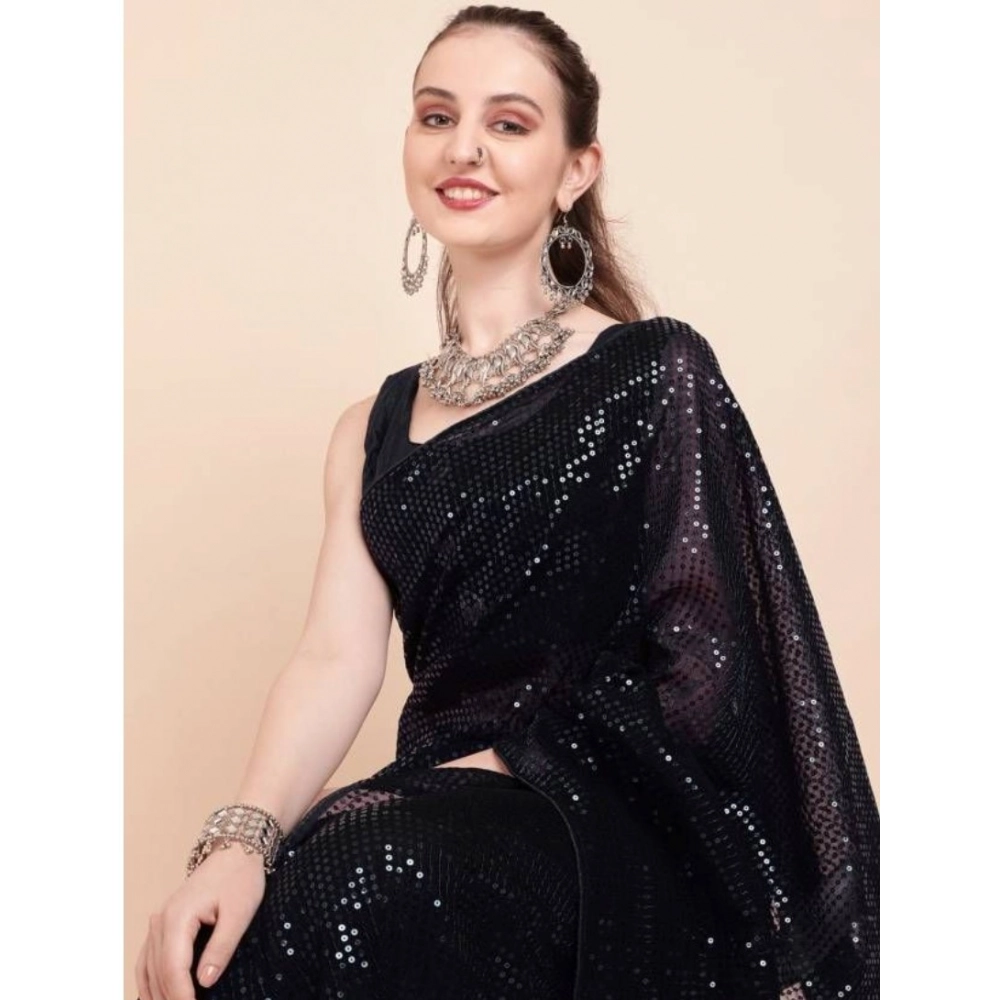 Women's Georgette Embellished Saree with Blouse – Black