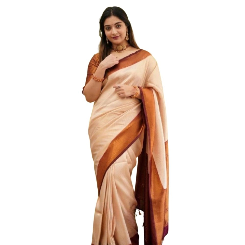 Women's Silk Printed Saree with Blouse – Cream