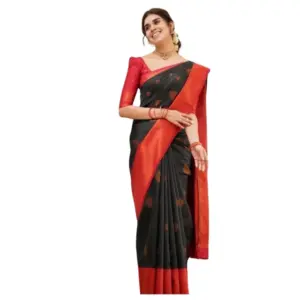 Women's Silk Printed Saree with Blouse – Black