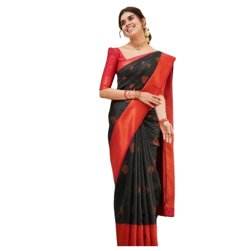 Women's Silk Printed Saree with Blouse – Black