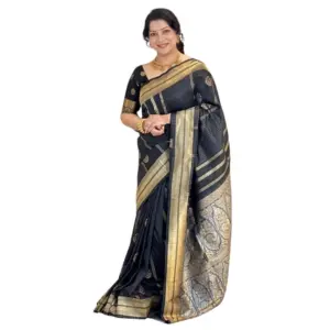 Women's Silk Printed Saree with Blouse – Black
