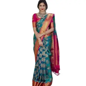 Women's Silk Printed Saree with Blouse – Teal Blue