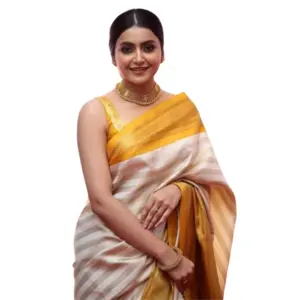 Women's Silk Printed Saree with Blouse – Off White-Yellow