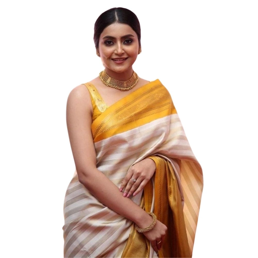 Women's Silk Printed Saree with Blouse – Off White-Yellow